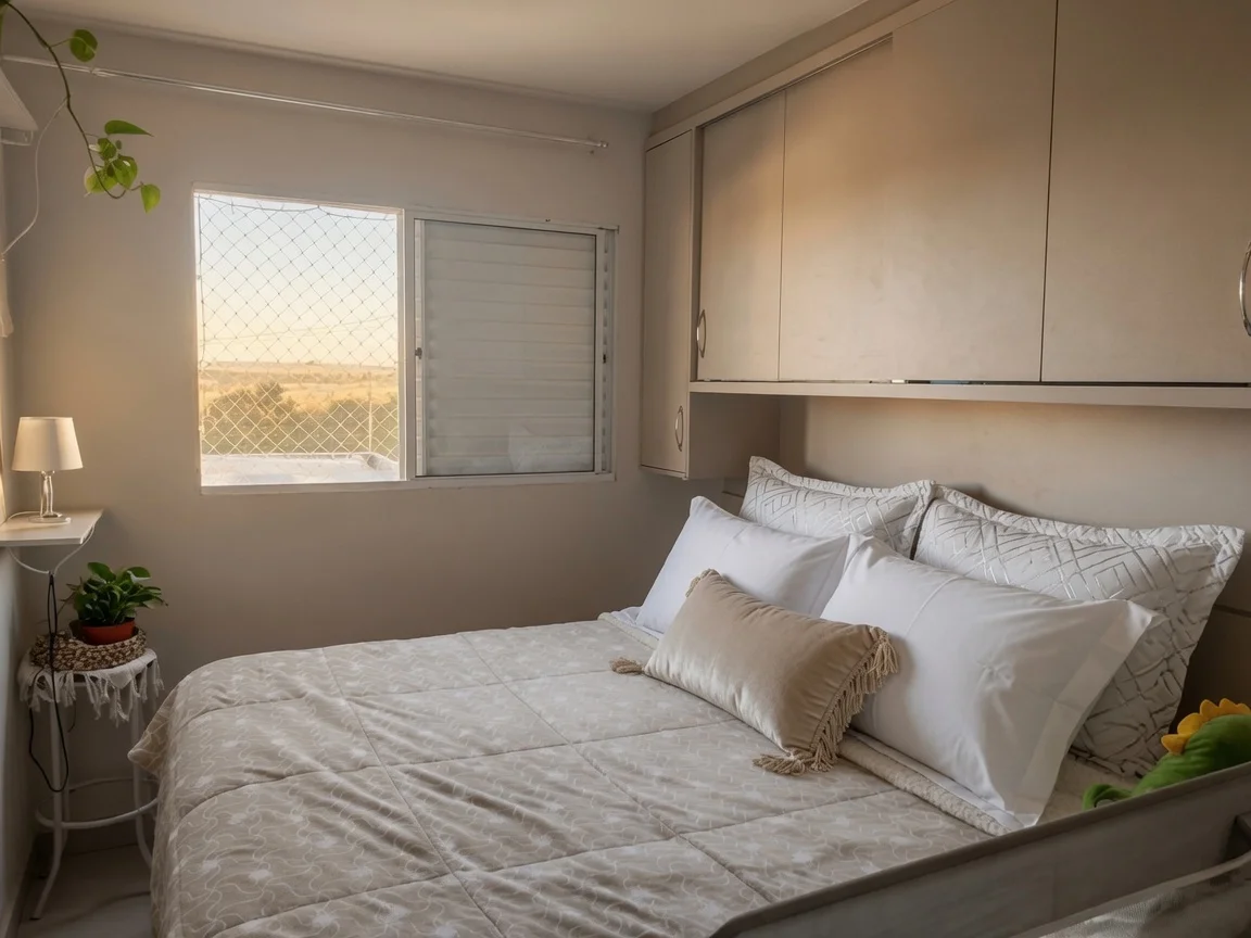 O mesmo quarto de casal com luz e cor corrigidas e home staging virtual: roupa de cama clara, abajur e plantas acrescentados digitalmente.