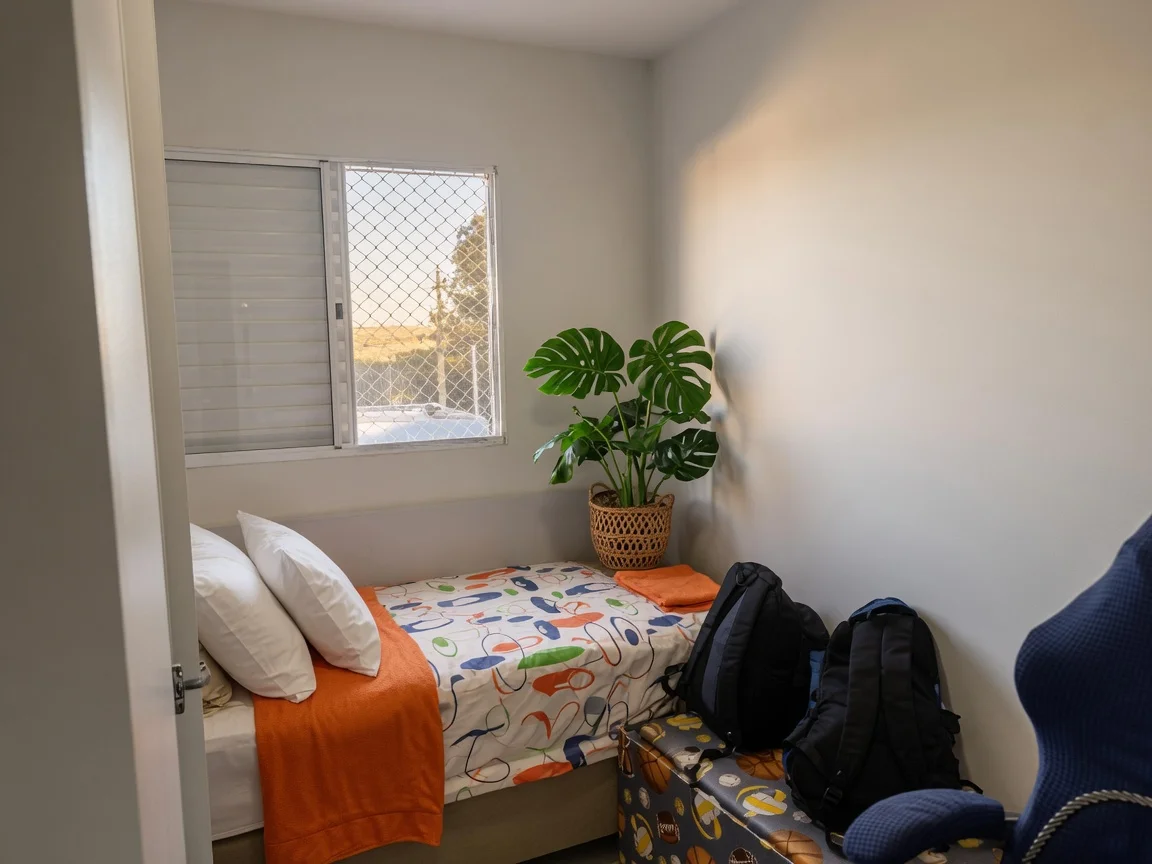 O mesmo quarto de solteiro com luz corrigida e home staging virtual: roupa de cama branca e uma planta acrescentadas digitalmente.